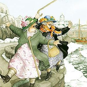 Ansichtkaart Vrolijke dames in de Sneeuw