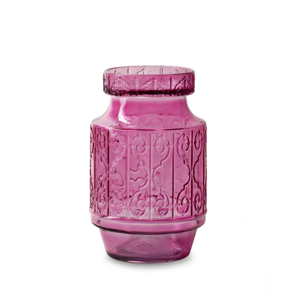 Vaas Billie Fuchsia – Glazen Vaas met Sierlijk Reliëf van Jodeco Glass (H19,5 cm)