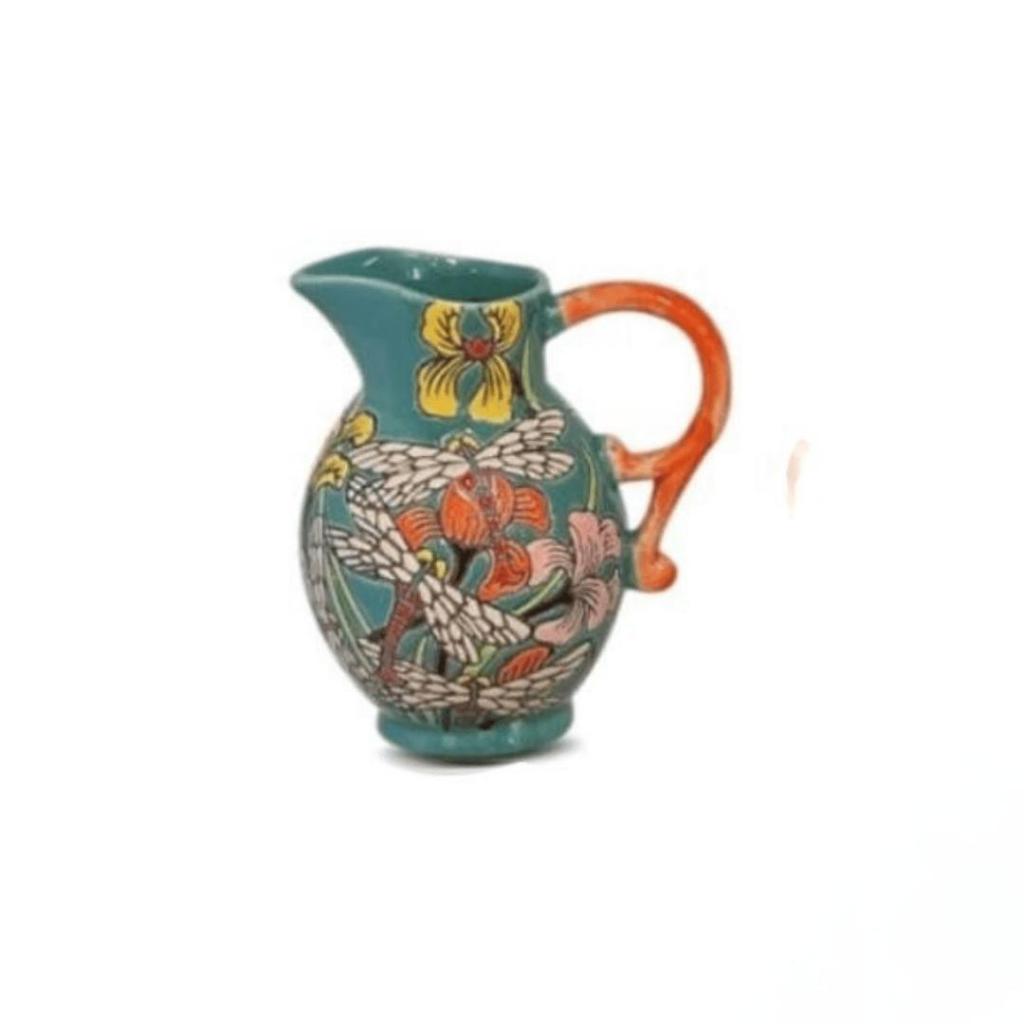 Sierschenkkan Shishi 2 Turquoise – Keramieken kan met bloemen en oranje handvat - Afbeelding 2