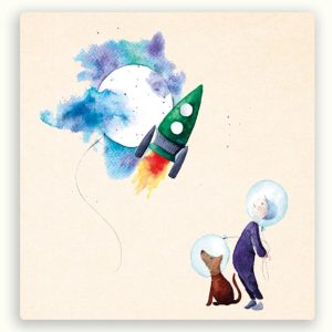 ZintenZ vierkante postkaart – Ruimtereis met kind, hond en raket
