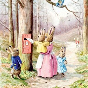 Ansichtkaart ‘The Woodland Post-Box’ – Konijntjes bij brievenbus (Racey Helps)