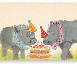 Zintenz kaart – Neushoorns met verjaardagstaart en feesthoedjes