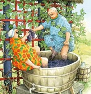 Ansichtkaart Vrolijke dames maken wijn