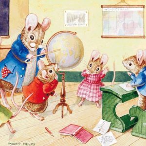 Ansichtkaart ‘A Trip Round the World’ – Muizenklas met wereldbol (Racey Helps)