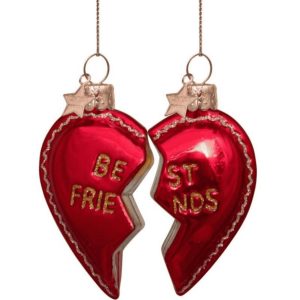 Kerstbal set Best Friends Hart – Set van 2 Rode Glazen Ornamenten van Vondels (8,5 cm)