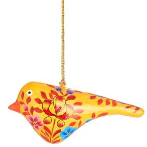 Kerstbal Vogel Geel met Bloemen