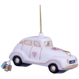 Kerstbal Trouwauto – Glazen ornament met ‘Just Married’-details van Vondels