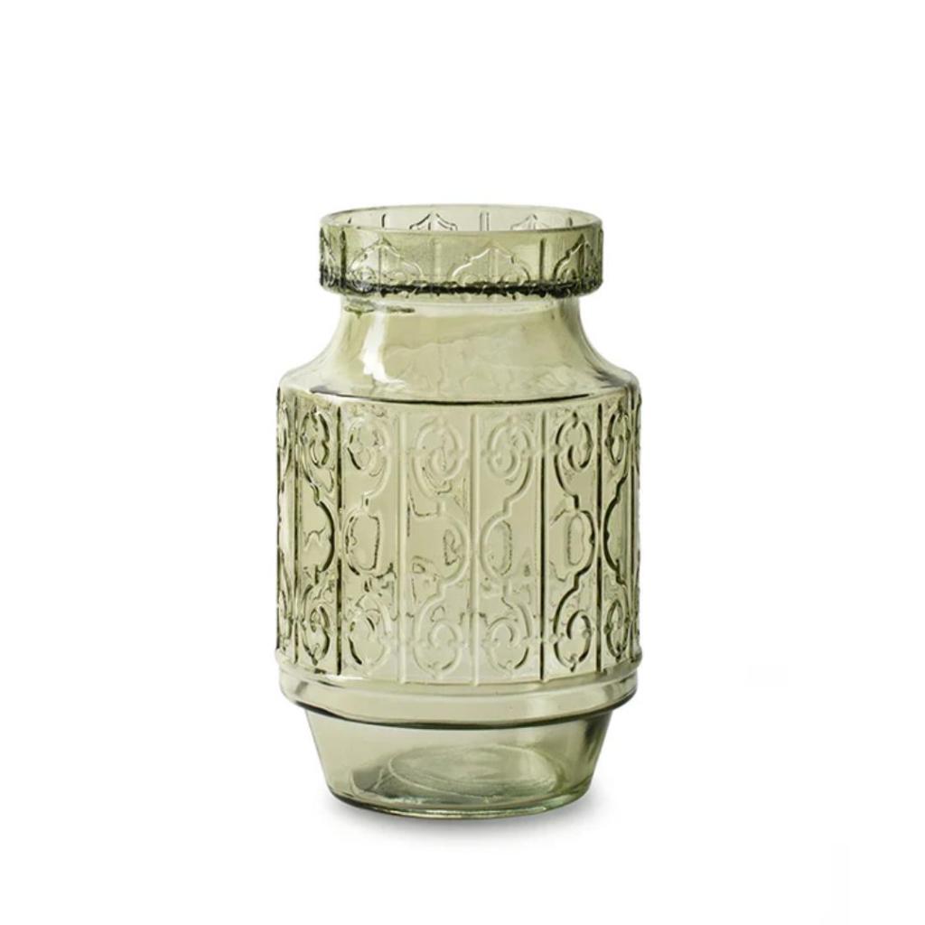 Vaas Billie Groen – Glazen Vaas met Sierlijk Reliëf van Jodeco Glass (H19,5 cm)