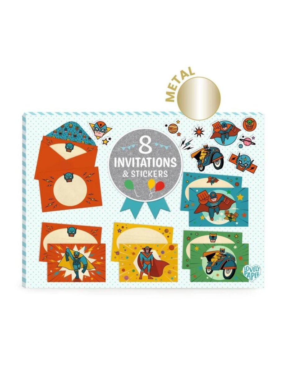 Uitnodigingen Pow! Bang! – Set van 8 kaarten met enveloppen & stickers – Djeco - Afbeelding 2