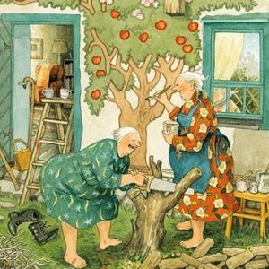 Ansichtkaart Vrolijke dames aan het Zagen