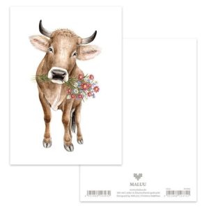 Ansichtkaart Koe met Bloemen – Aquarelontwerp van Christine Matthies
