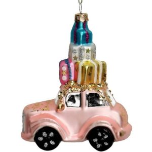 Kerstbal Auto met Kadootjes Roze