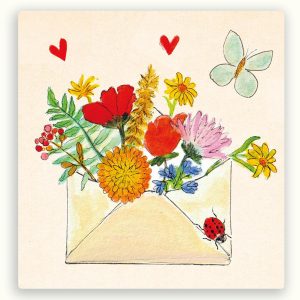 ZintenZ vierkante postkaart – Bloemenenvelop met vlinder en lieveheersbeestje (13,5 x 13,5 cm)