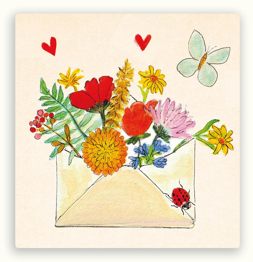 ZintenZ vierkante postkaart – Bloemenenvelop met vlinder en lieveheersbeestje (13,5 x 13,5 cm)