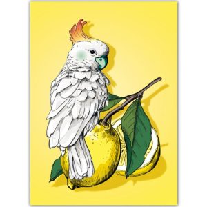 Ansichtkaart Liro – Witte Papegaai met Citroenillustratie (illi)