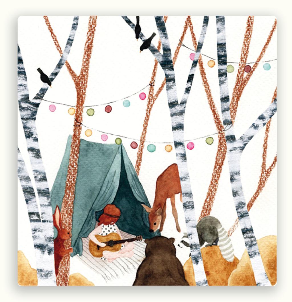 ZintenZ vierkante postkaart – Kamperen in het bos met dieren en lichtjes - Afbeelding 2