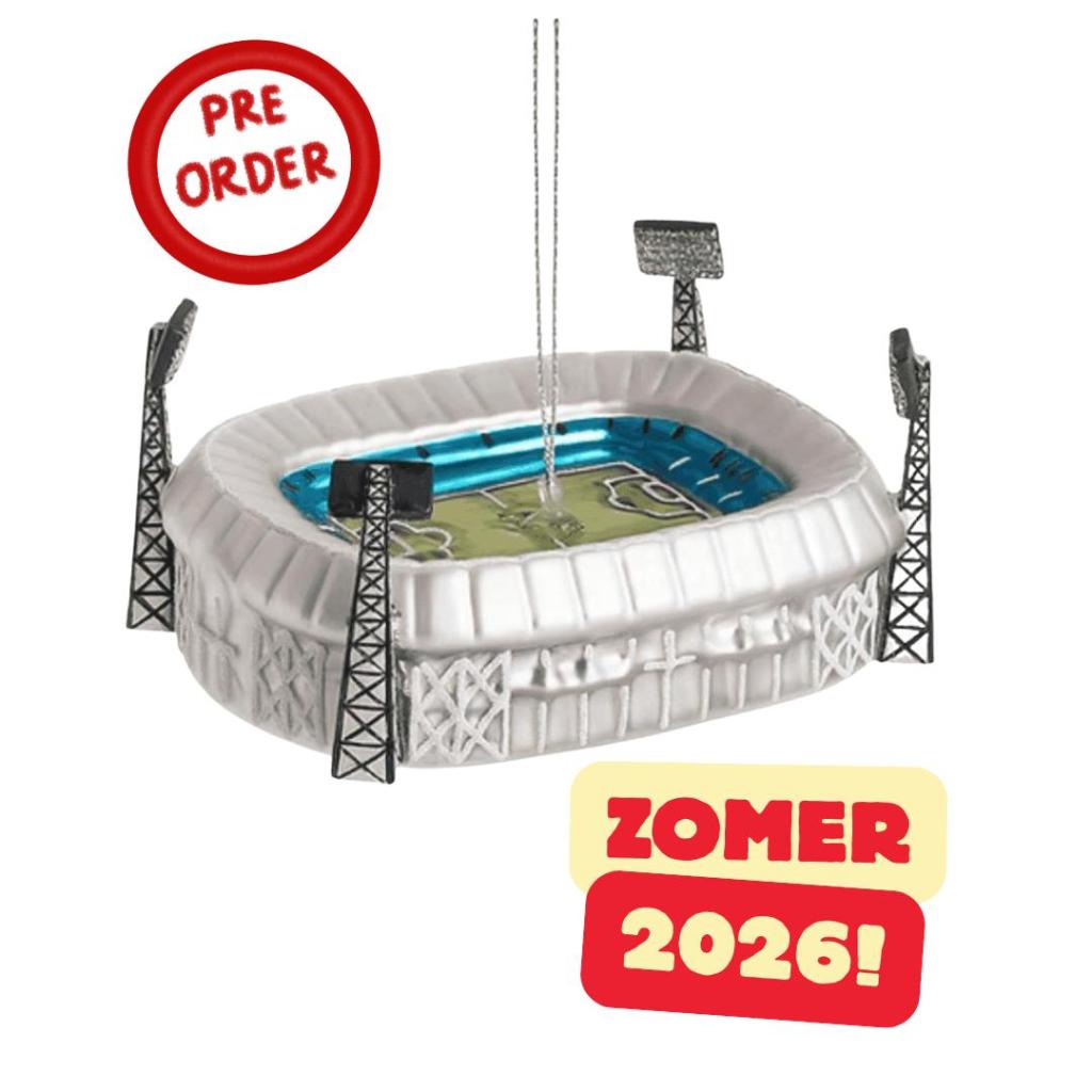 Kerstbal Rotterdams Voetbalstadion – Realistische uitvoering in zilver, zwart, blauw en groen – Glazen voetbalstadion ornament