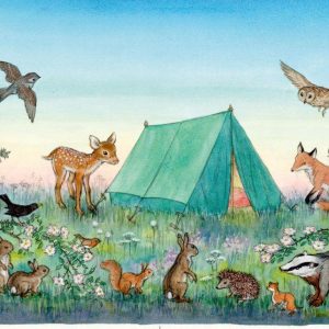 Ansichtkaart Two in a Tent – Molly Brett Illustratie met Bosdieren en Tent