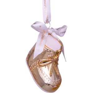 Kerstbal Baby’s 1e Schoentje – Gouden Glazen Ornament met Strikje (5 x 8 x 3 cm)