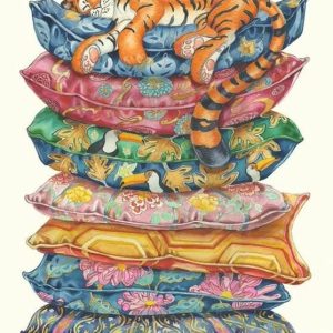 DM Wenskaart Tijger Slapend Op Een Stapel Kussens