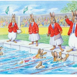 Ansichtkaart ‘Belinda goes for Gold’ – Zwemmende konijnen (Audrey Tarrant)