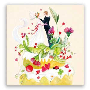 Vierkante Postkaart Bruidspaar op Taart – ZintenZ duurzame kaart (13,5 x 13,5 cm)