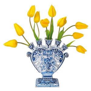 Flat Flowers Delfts blauwe vaas met gele tulpen