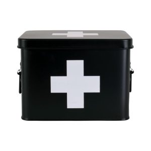 Medicijnkist / Verbandtrommel van Metaal – Mat Zwart met Wit Kruis – 21,5 x 15,5 x 16 cm – Present Time