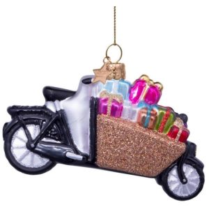 Kerstbal Bakfiets met Cadeautjes – Handgemaakt Glazen Ornament van Vondels