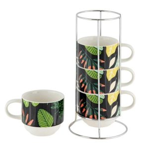 Rekje met 4 Mokken Tropical Zwart