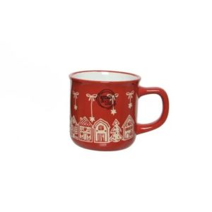 Kerstmok Rood met Huisjes – Keramische mok in emaille look van Kaemingk