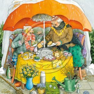 Ansichtkaart Vrolijke dames Paasontbijt in de Sneeuw