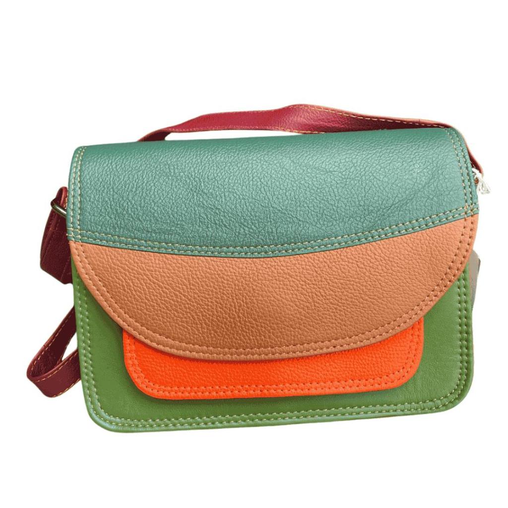 Leren Schoudertas Azra 2 – Fairtrade tas van restleer in warme kleurencombinatie - Afbeelding 2