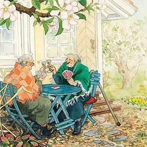 Ansichtkaart Vrolijke dames Kaarten en Drinken Wijn