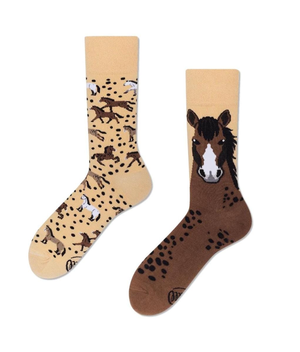 Many Mornings Mismatch Sokken – Wild Horse – Paarden sokken – Maat 35-38 – Beige & bruin – Voor paardenliefhebbers