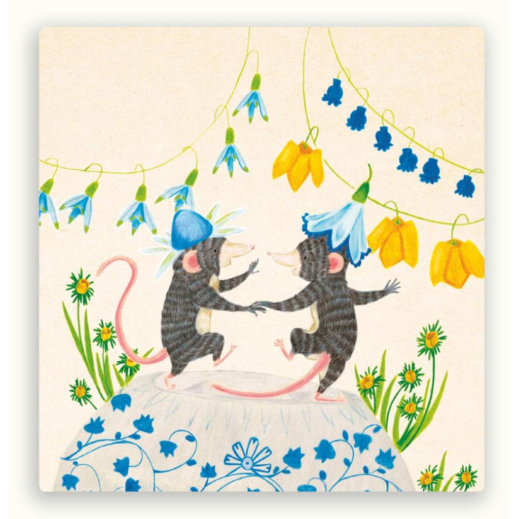 Vierkante Postkaart Dansende Mollen – ZintenZ duurzame kaart met dansende mollen (13,5 x 13,5 cm)