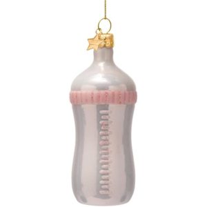 Kerstbal Babyflesje Roze – Glazen Ornament van 10 cm met Glans en Glitterdetails