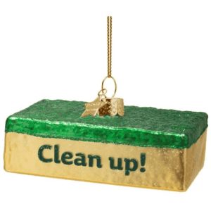 Kerstbal Schuurspons – Glazen ornament met glitters en tekst ‘Clean up!’ van Vondels