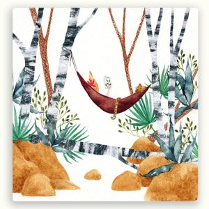 ZintenZ vierkante postkaart – Hangmat in het bos met luipaard (13,5 x 13,5 cm)