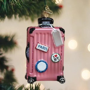 Kerstbal Roze Rolkoffer – Handgemaakt Glazen Ornament met Reisstickers van Old World Christmas