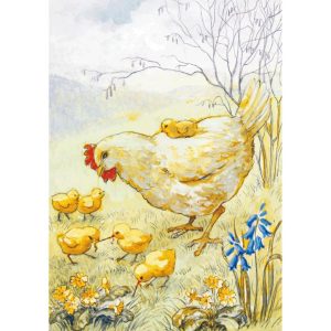 Ansichtkaart Kip met Kuikens – Molly Brett illustratie “Hen and Chicks” (10 x 15 cm)