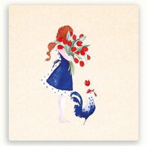 ZintenZ vierkante postkaart – Meisje met tulpen en haan
