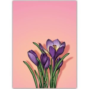 Ansichtkaart Roku – Paarse krokussen op zachte roze achtergrond