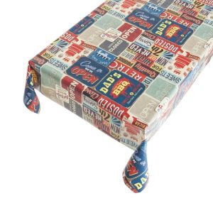 Tafelzeil Retro Tekst – Vintage tekstdesign in warme kleuren, 140 cm breed, per 10 cm van de rol