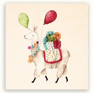 ZintenZ vierkante postkaart – Lama met cadeautjes en ballonnen